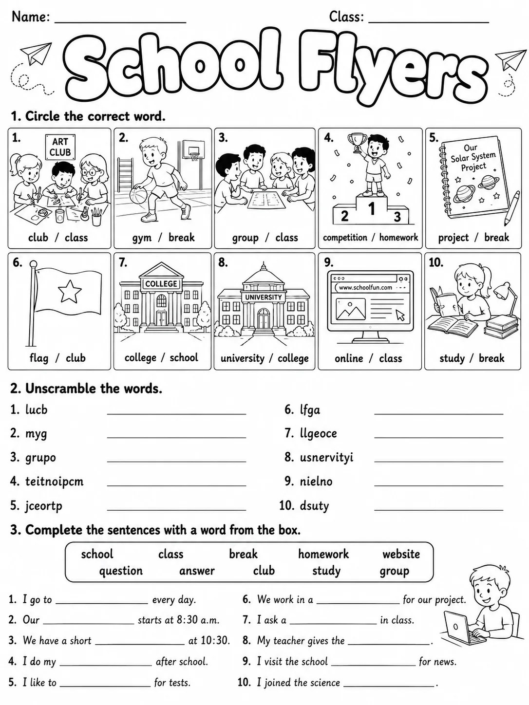 School Flyers Vocabulary Worksheet Pack page 3 printable worksheet preview