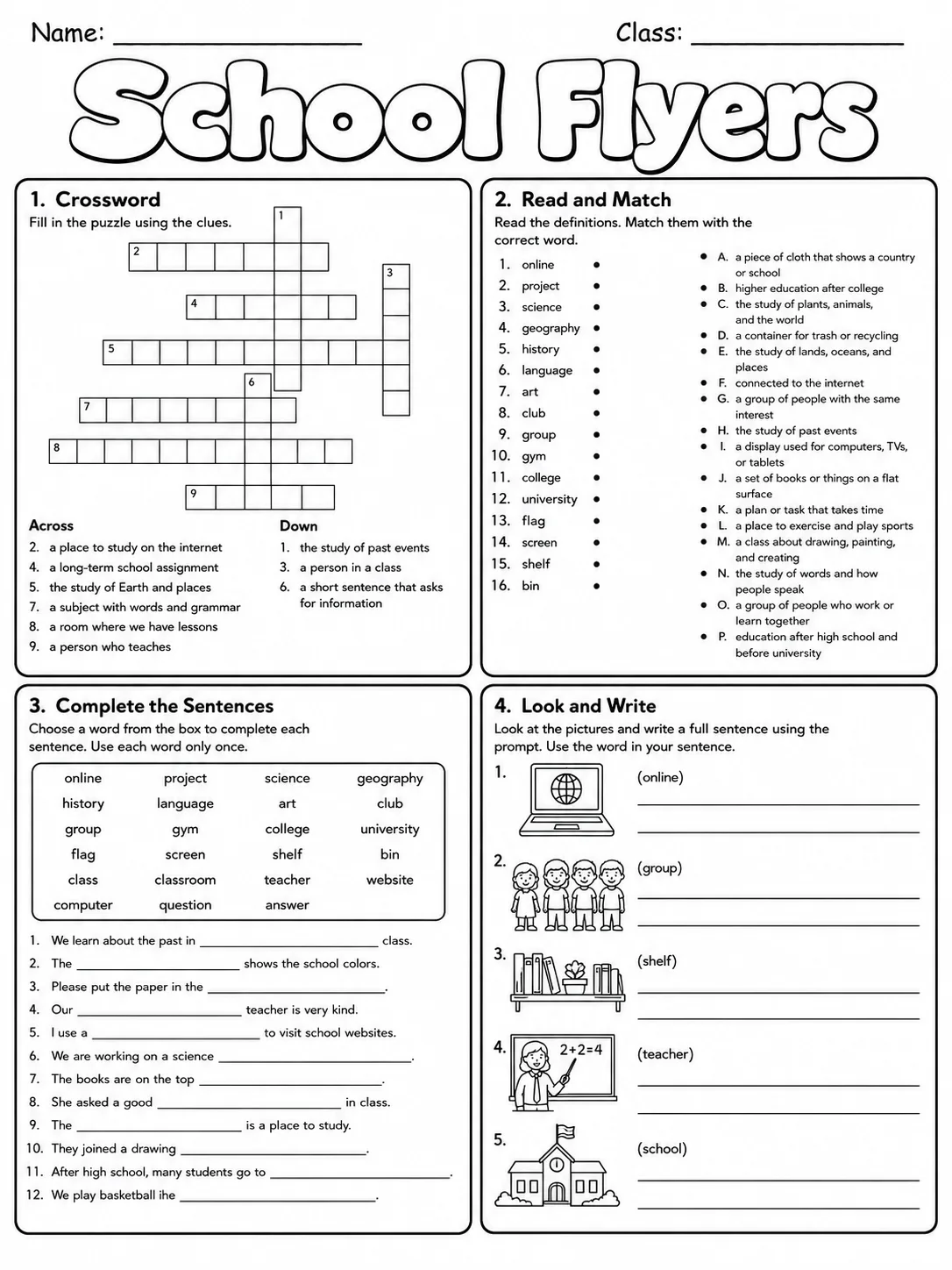 School Flyers Vocabulary Worksheet Pack page 6 printable worksheet preview