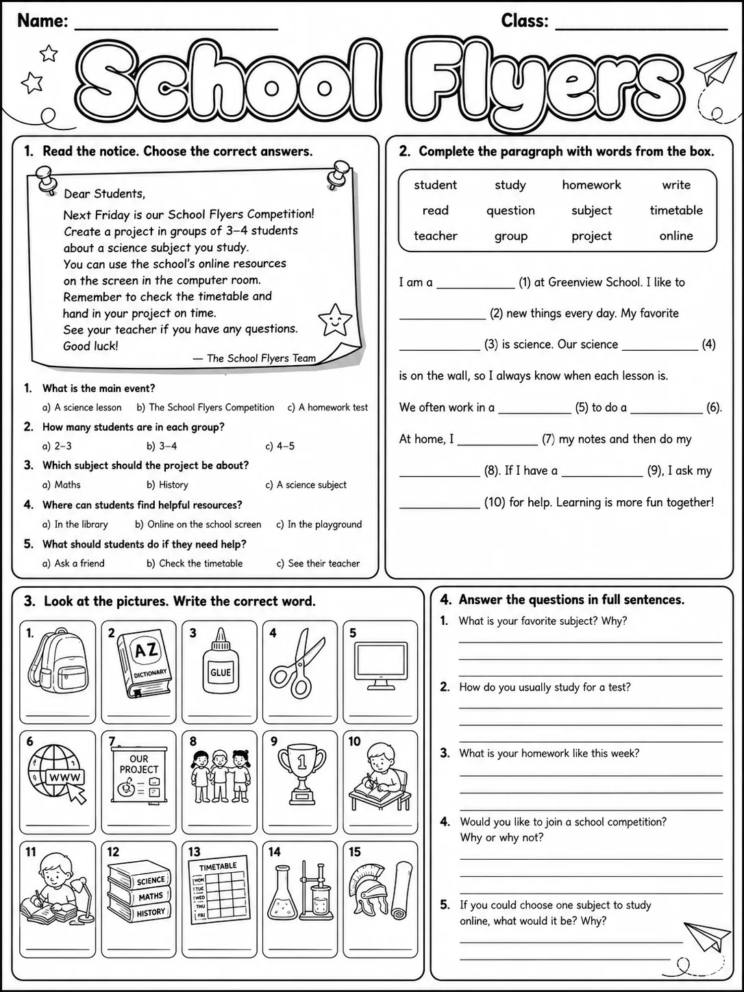 School Flyers Vocabulary Worksheet Pack page 7 printable worksheet preview