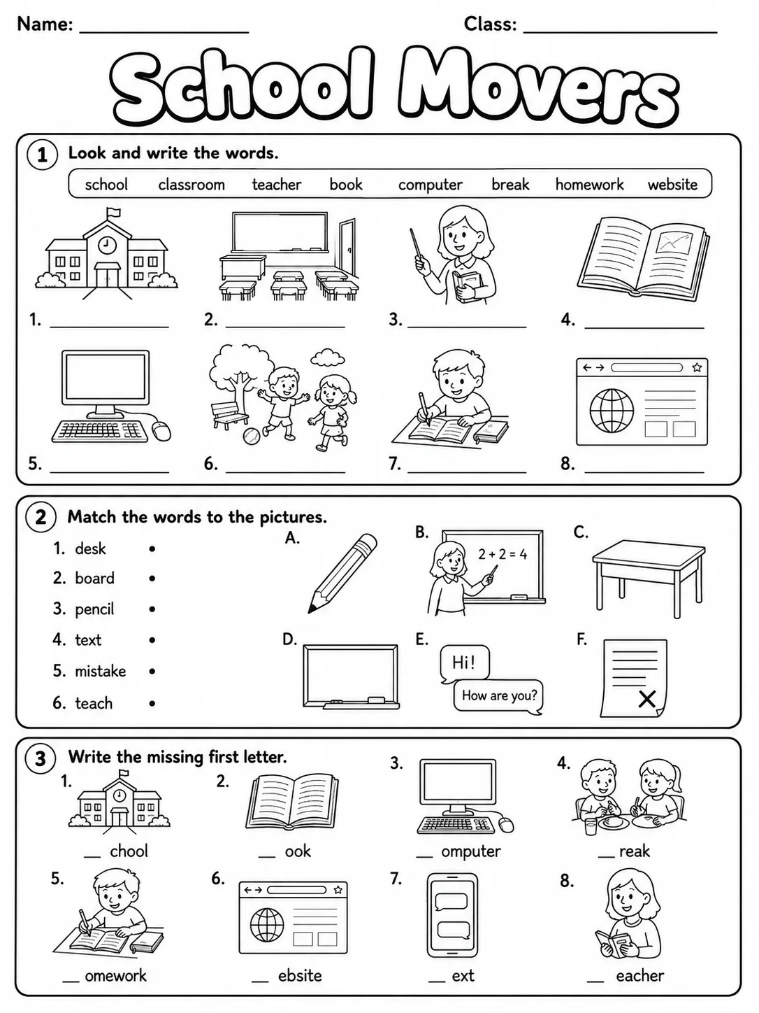 School Movers Vocabulary Worksheet Pack printable Movers English worksheet bundle preview from KiwiBee