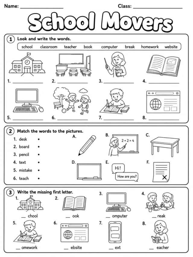 School Movers Vocabulary Worksheet Pack