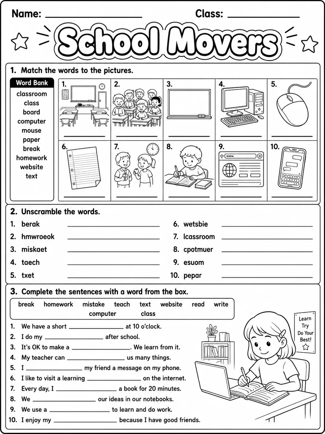 School Movers Vocabulary Worksheet Pack page 2 printable worksheet preview