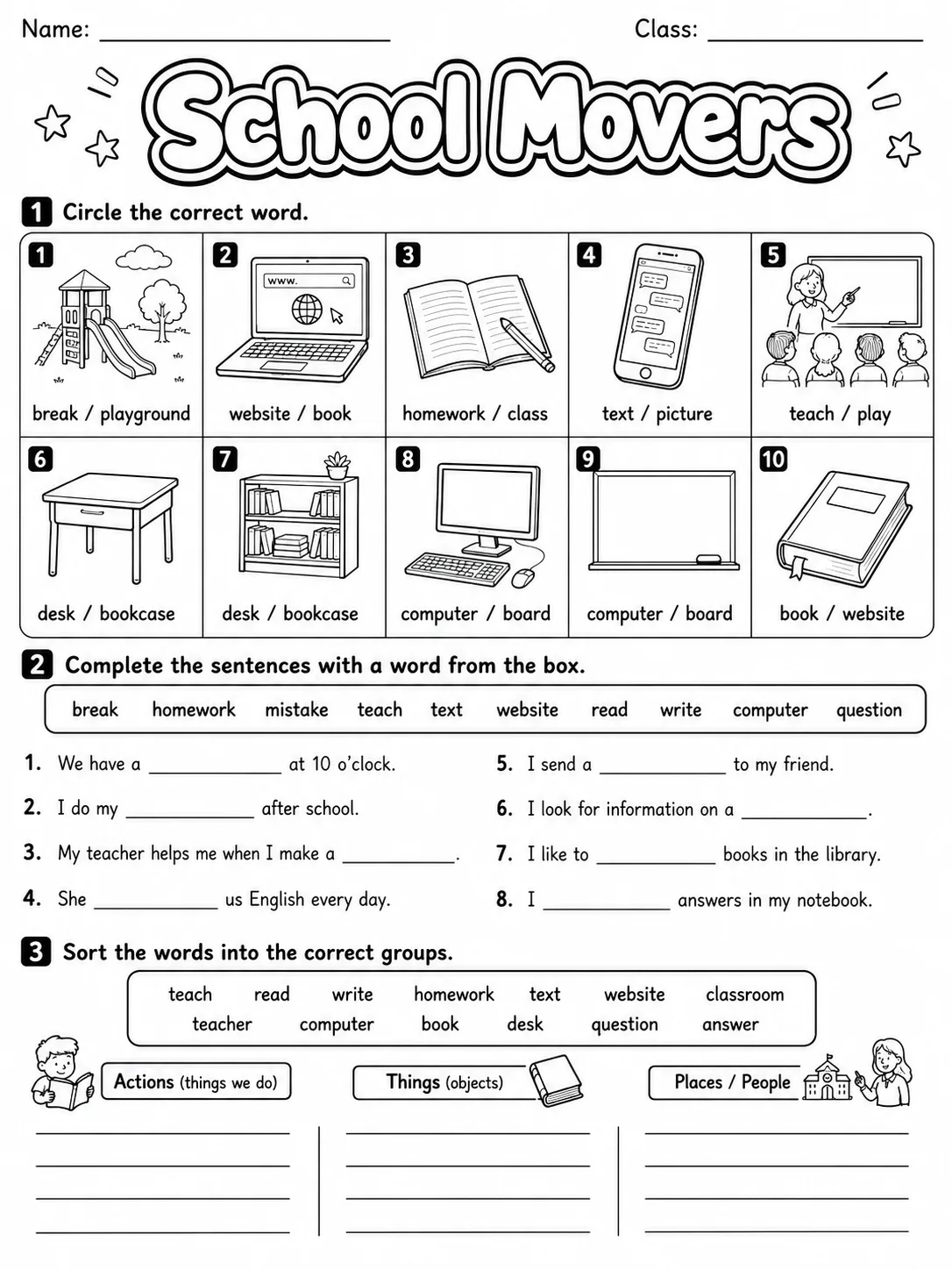 School Movers Vocabulary Worksheet Pack page 3 printable worksheet preview