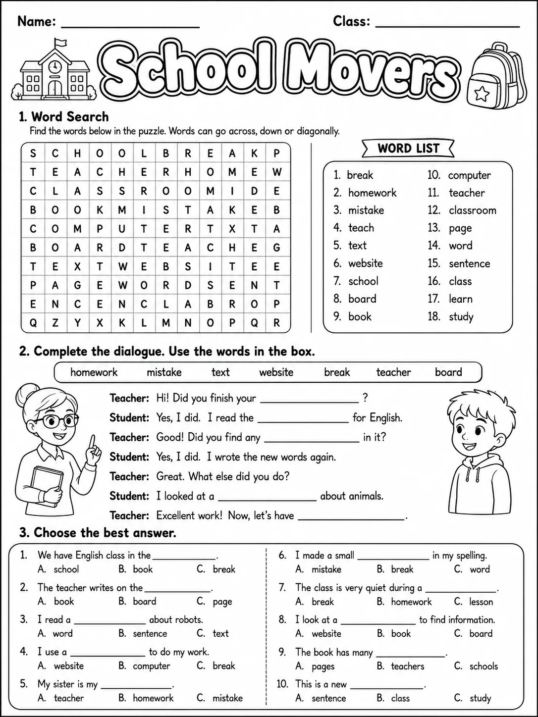 School Movers Vocabulary Worksheet Pack page 4 printable worksheet preview