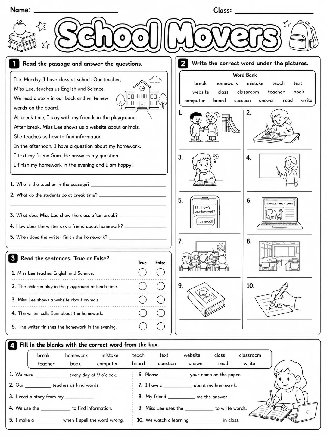 School Movers Vocabulary Worksheet Pack page 5 printable worksheet preview