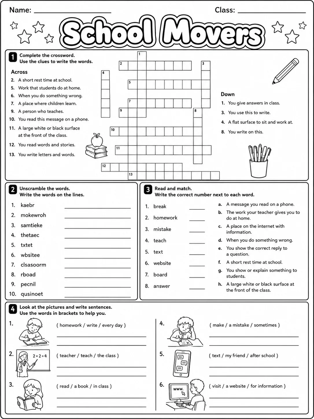 School Movers Vocabulary Worksheet Pack page 6 printable worksheet preview