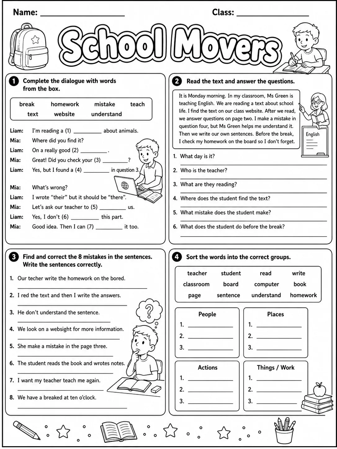 School Movers Vocabulary Worksheet Pack page 7 printable worksheet preview