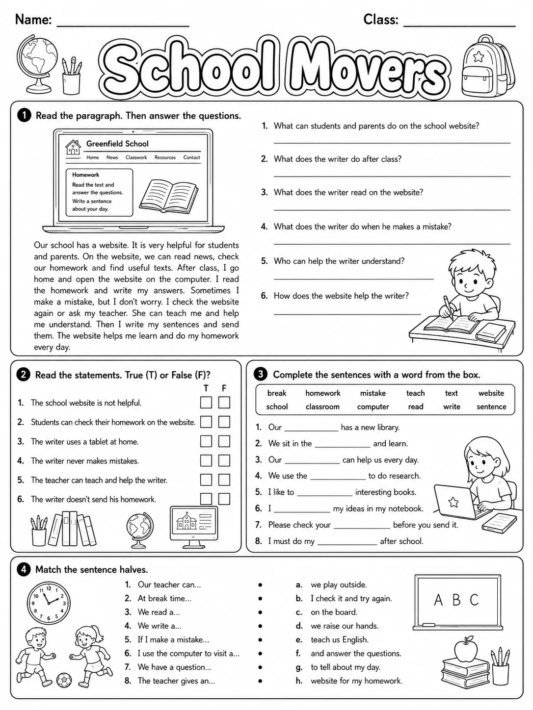 School Movers Vocabulary Worksheet Pack page 8 printable worksheet preview