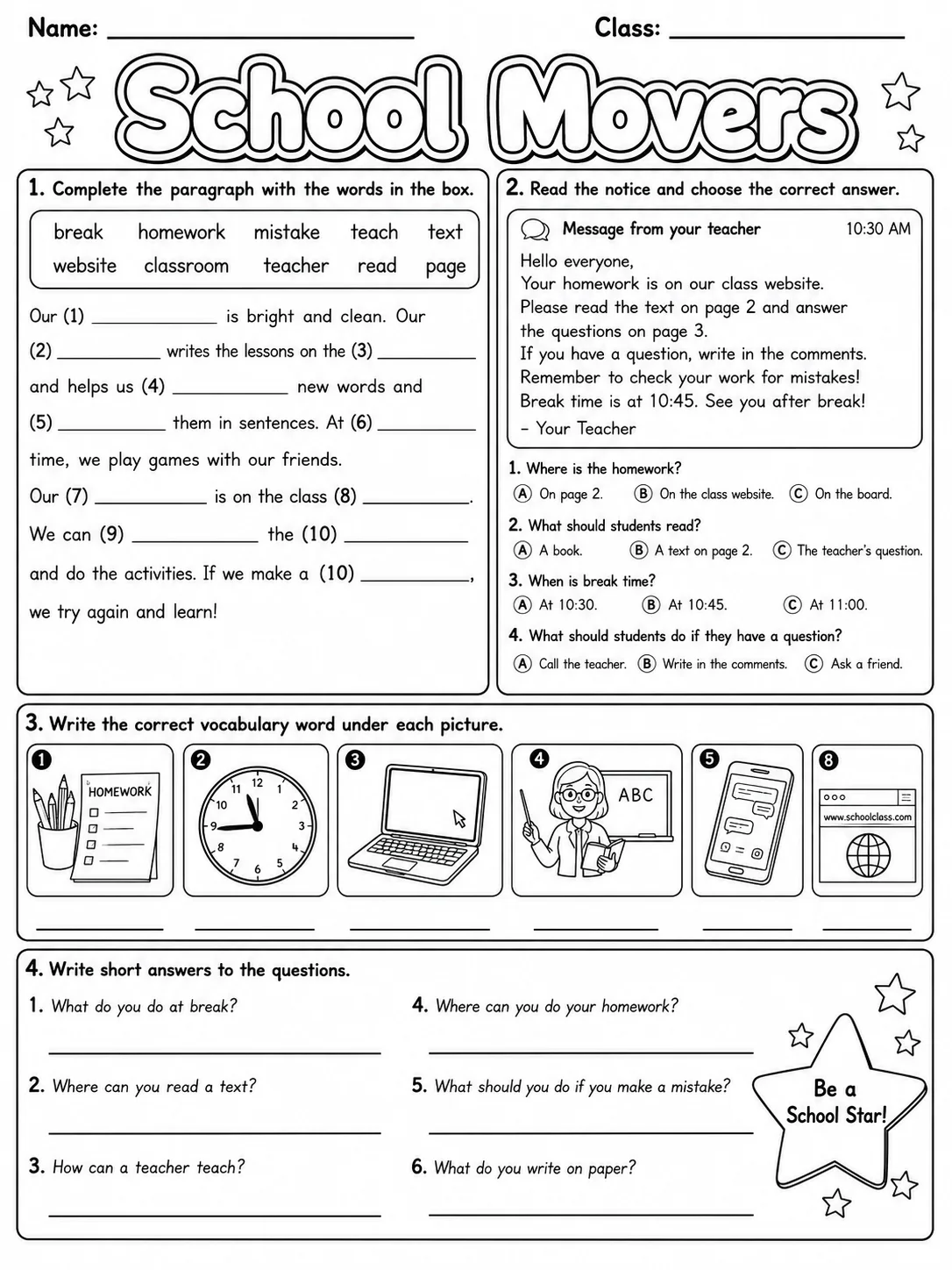 School Movers Vocabulary Worksheet Pack page 9 printable worksheet preview