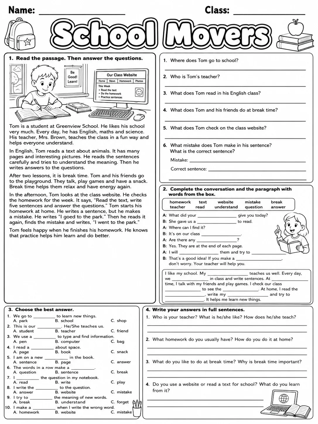 School Movers Vocabulary Worksheet Pack page 10 printable worksheet preview