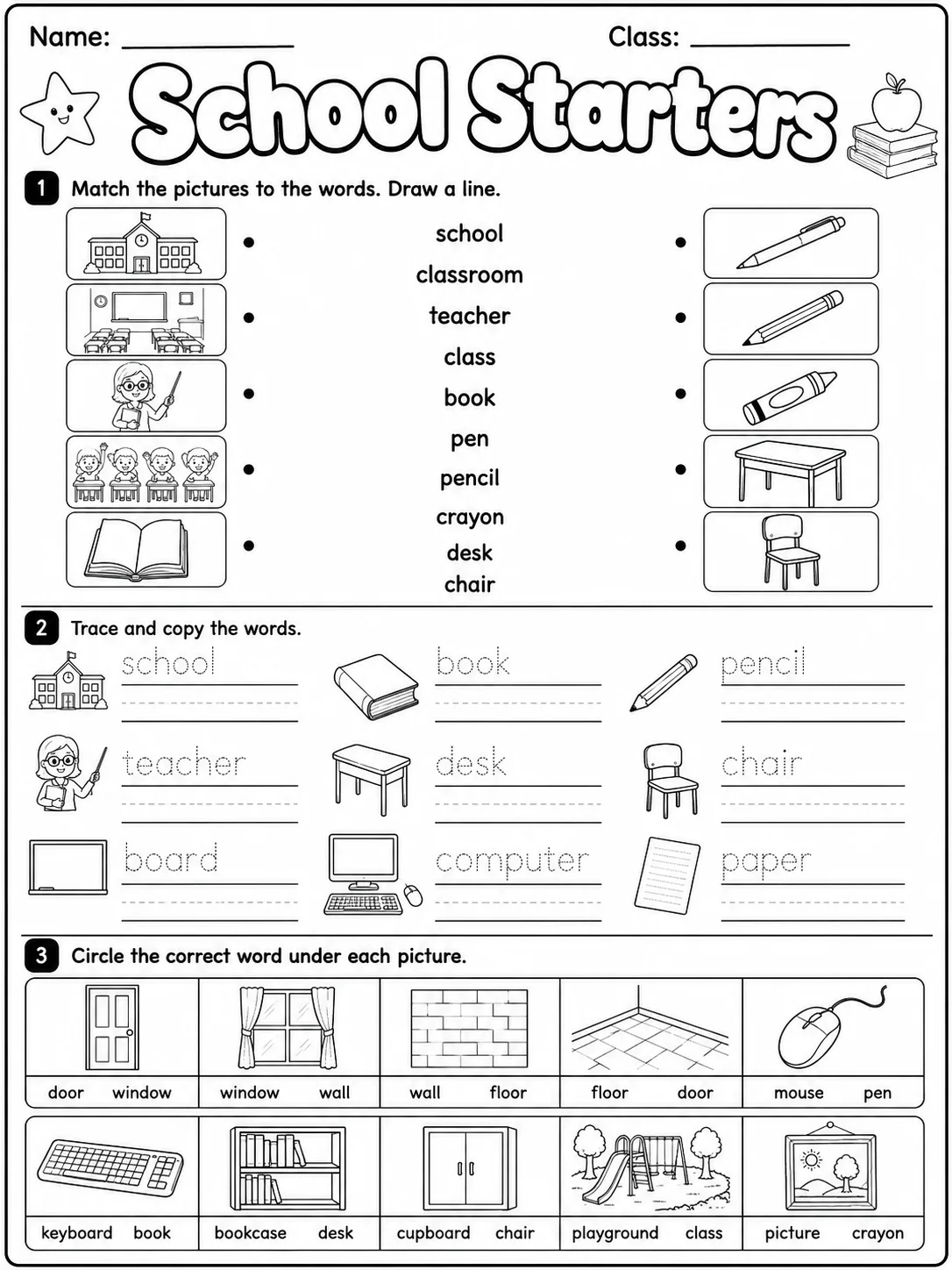 School Starters Vocabulary Worksheet Pack printable Starters English worksheet bundle preview from KiwiBee