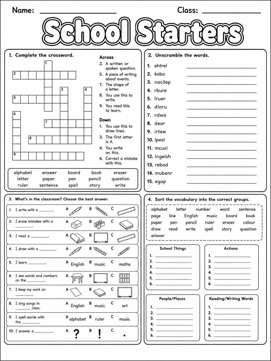 School Starters Vocabulary Worksheet Pack page 7 printable worksheet preview