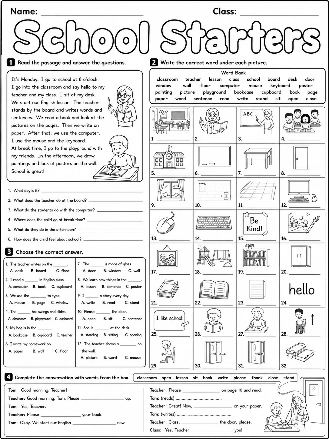School Starters Vocabulary Worksheet Pack page 8 printable worksheet preview
