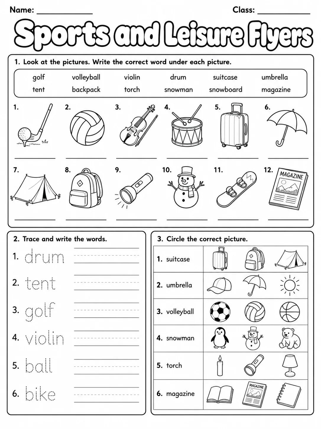 Sports and Leisure Flyers Vocabulary Worksheet Pack printable Flyers English worksheet bundle preview from KiwiBee