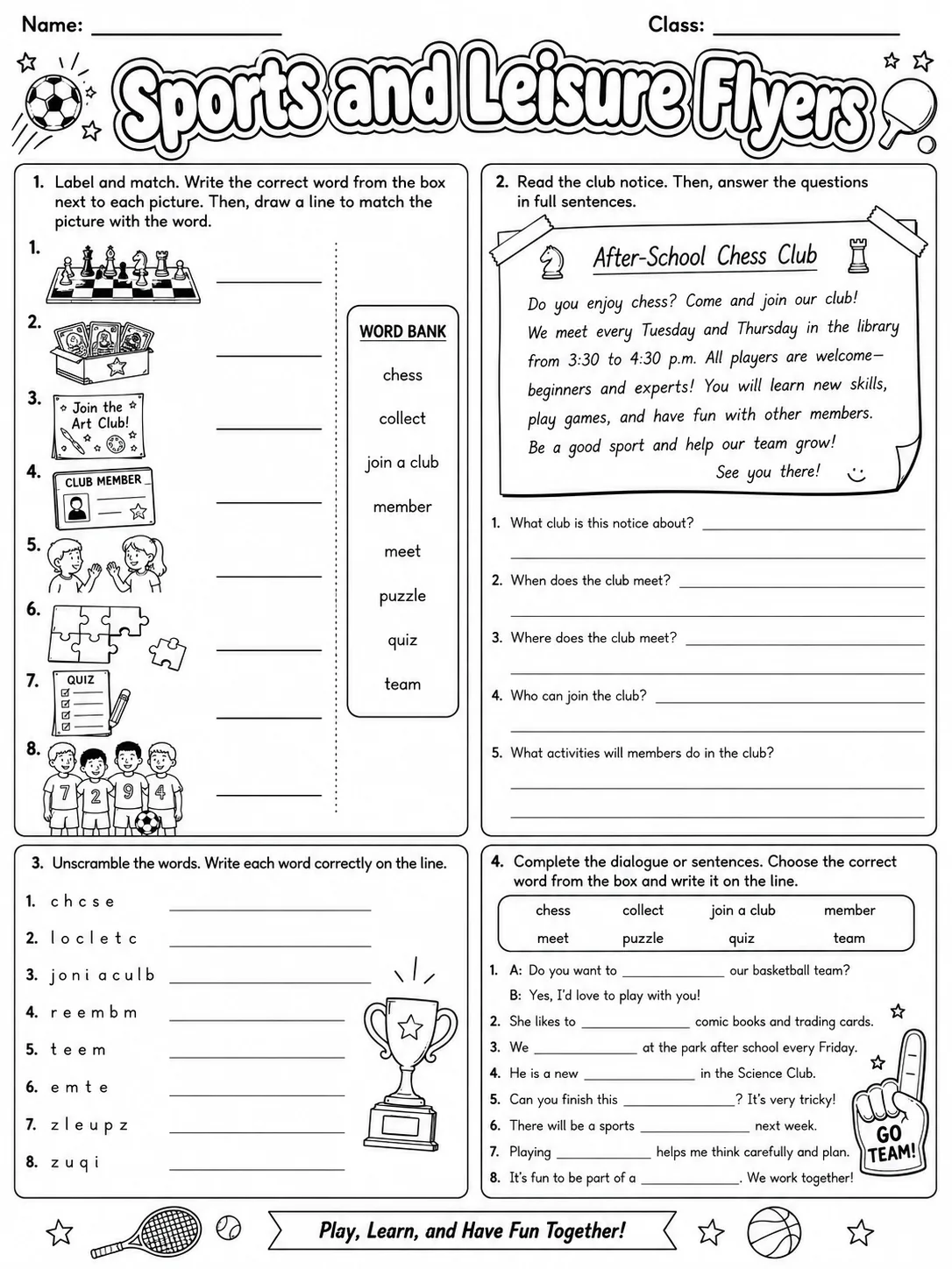 Sports and Leisure Flyers Vocabulary Worksheet Pack - Set 2 page 5 printable worksheet preview