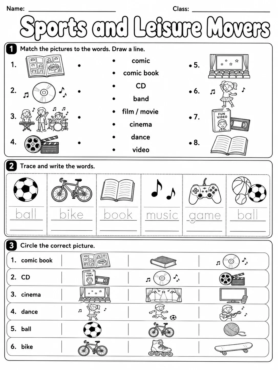 Sports and Leisure Movers Vocabulary Worksheet Pack printable Movers English worksheet bundle preview from KiwiBee