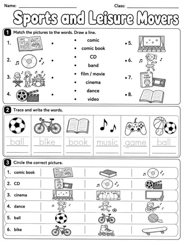 Sports and Leisure Movers Vocabulary Worksheet Pack