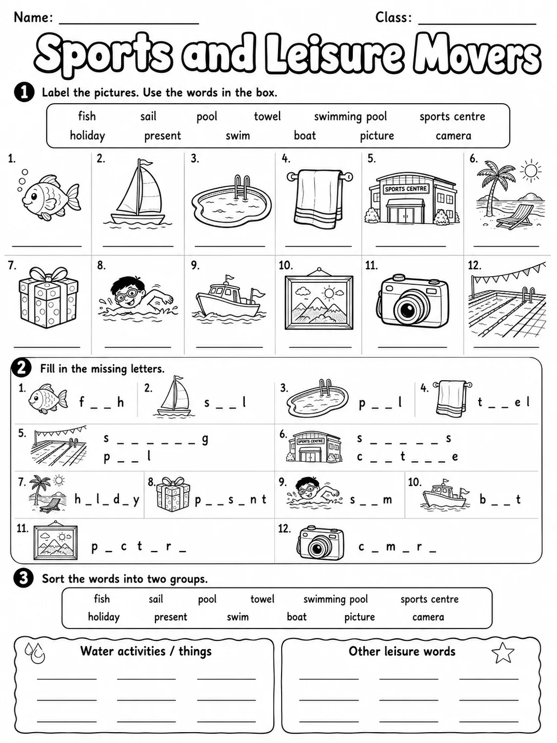 Sports and Leisure Movers Vocabulary Worksheet Pack page 2 printable worksheet preview