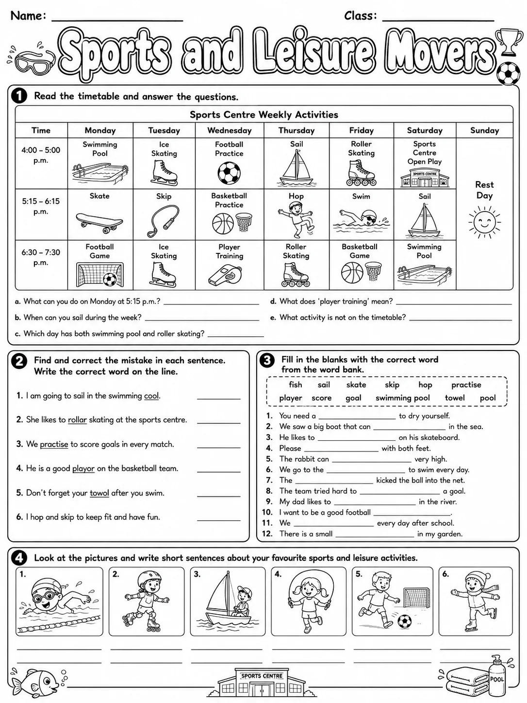 Sports and Leisure Movers Vocabulary Worksheet Pack page 8 printable worksheet preview