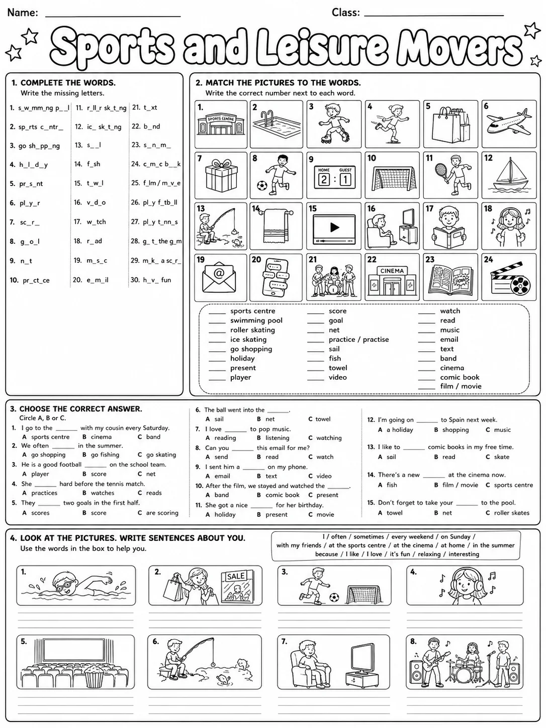 Sports and Leisure Movers Vocabulary Worksheet Pack page 10 printable worksheet preview