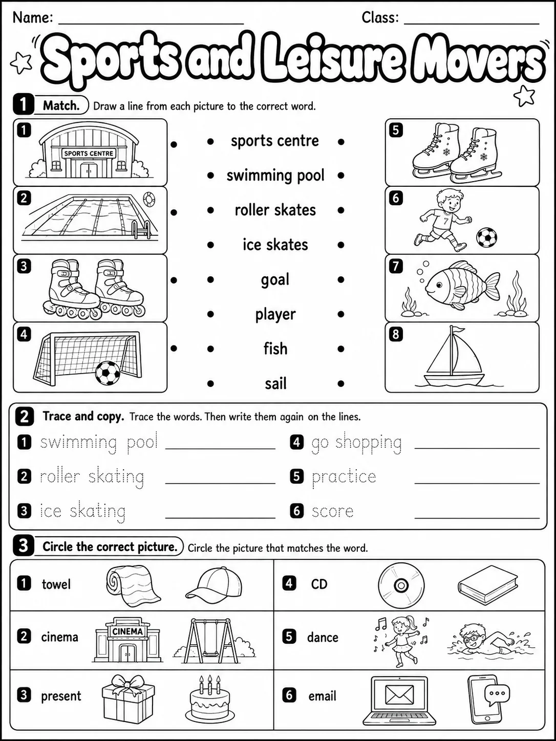 Sports and Leisure Movers Vocabulary Worksheet Pack - Set 2 printable Movers English worksheet bundle preview from KiwiBee