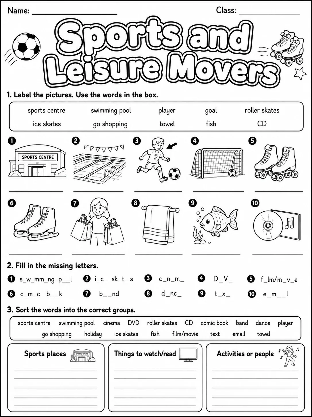 Sports and Leisure Movers Vocabulary Worksheet Pack - Set 2 page 2 printable worksheet preview