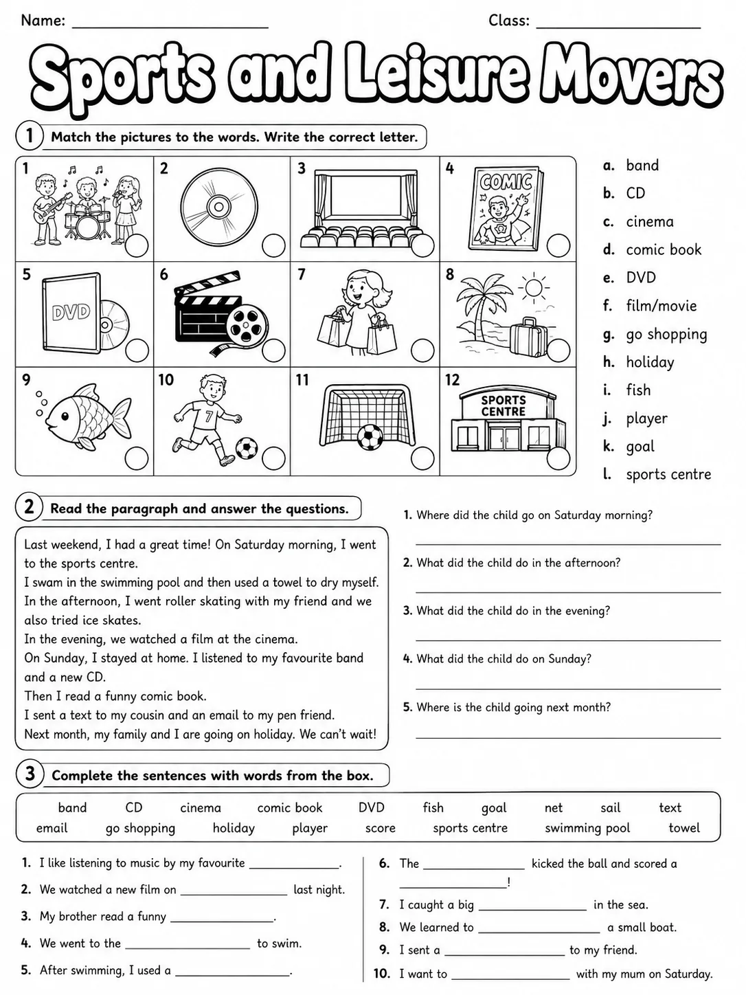 Sports and Leisure Movers Vocabulary Worksheet Pack - Set 2 page 3 printable worksheet preview