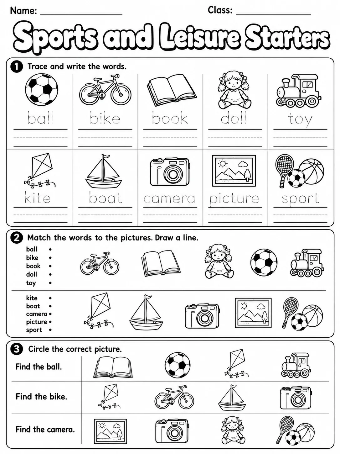 Sports and Leisure Starters Vocabulary Worksheet Pack printable Starters English worksheet bundle preview from KiwiBee