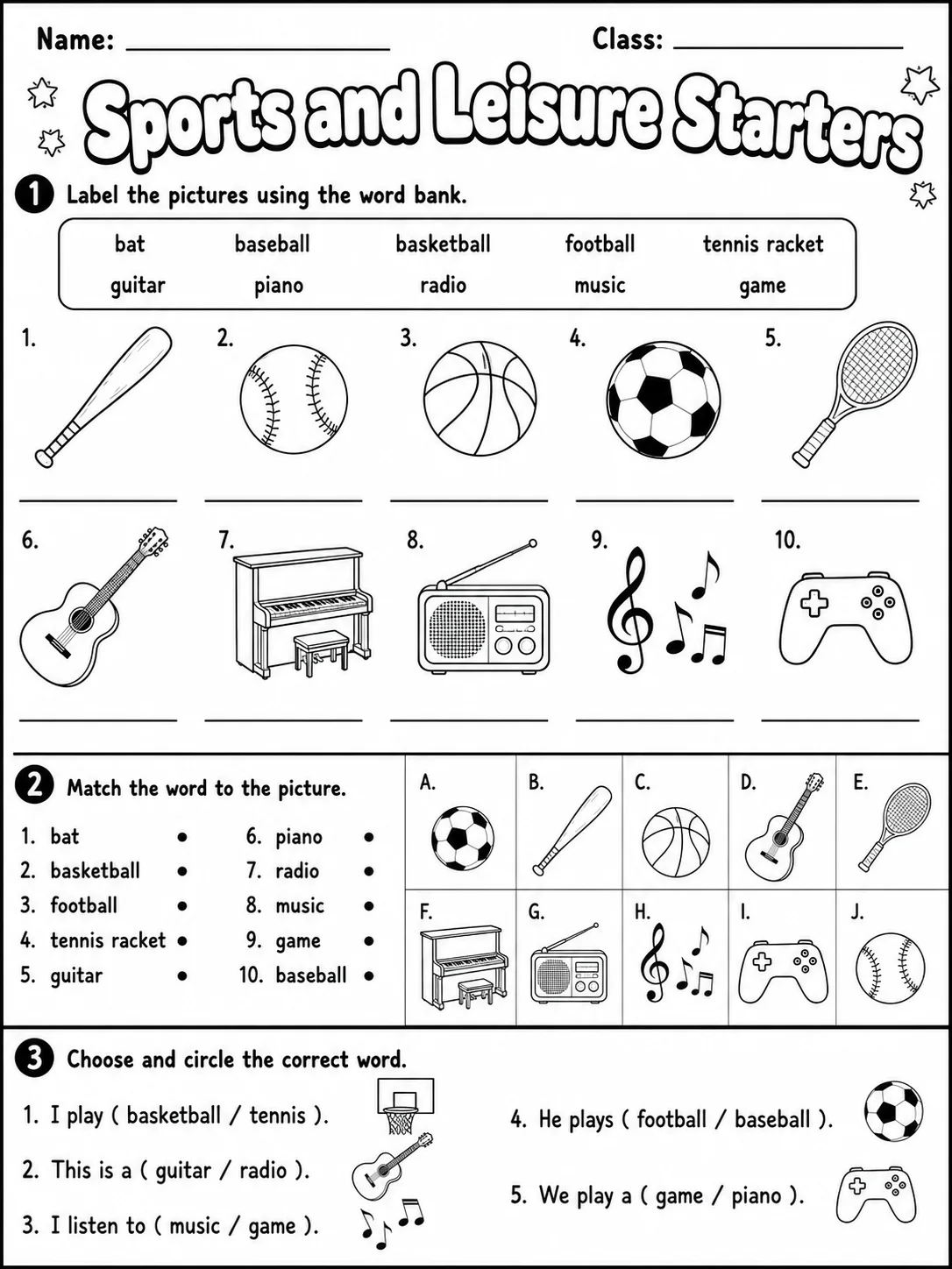Sports and Leisure Starters Vocabulary Worksheet Pack page 2 printable worksheet preview
