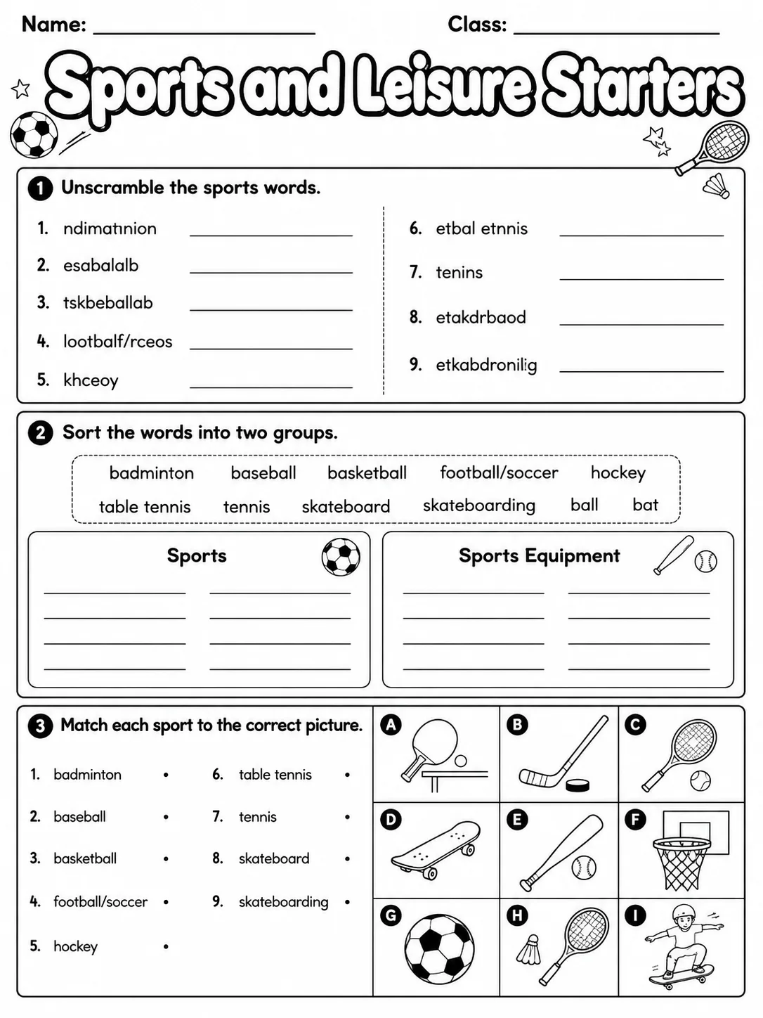 Sports and Leisure Starters Vocabulary Worksheet Pack page 4 printable worksheet preview