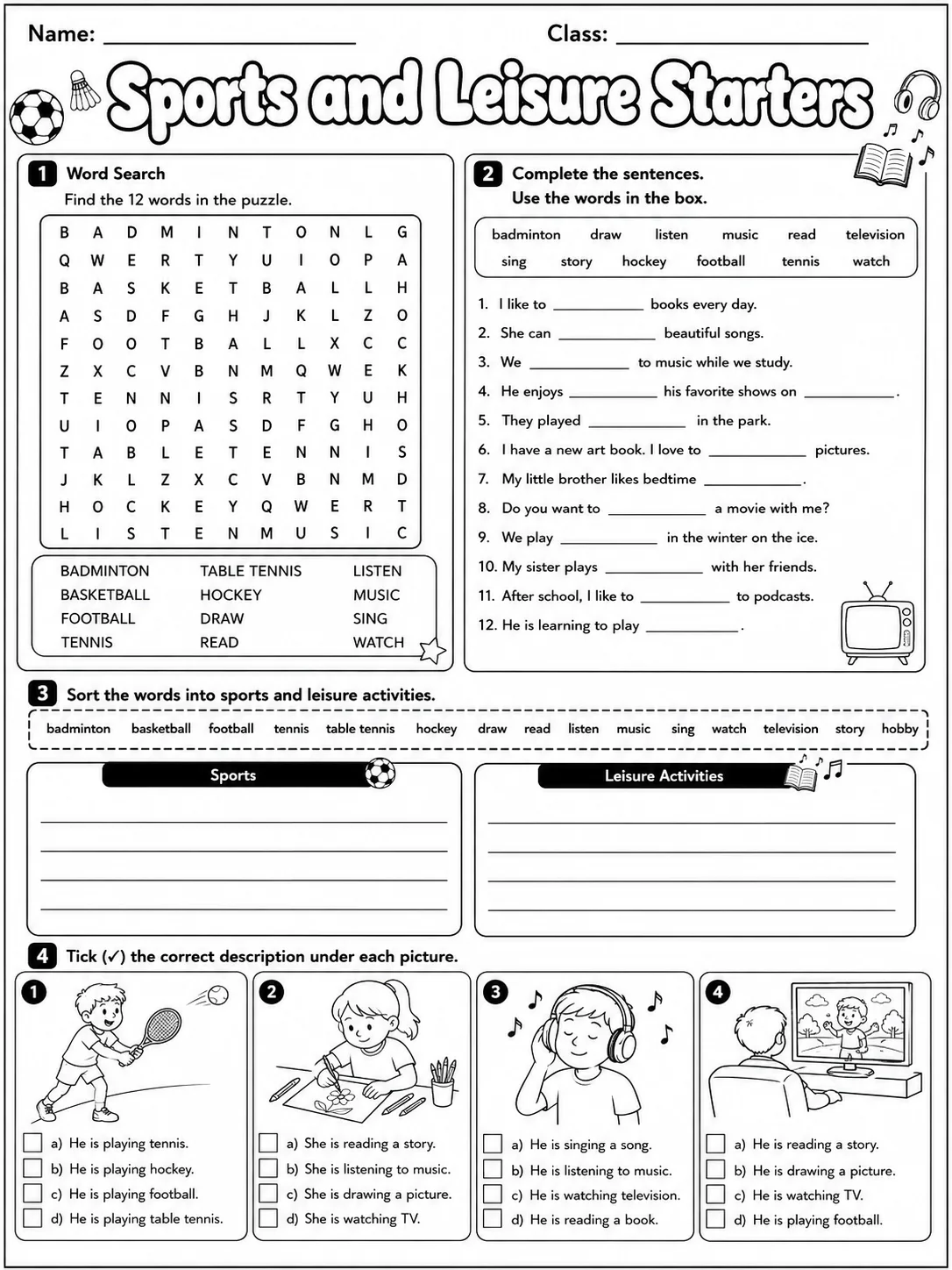 Sports and Leisure Starters Vocabulary Worksheet Pack page 7 printable worksheet preview