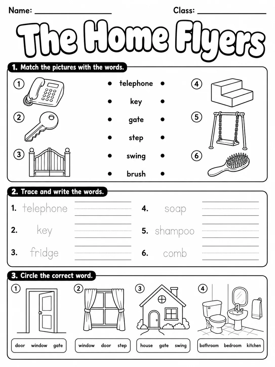 The Home Flyers Vocabulary Worksheet Pack printable Flyers English worksheet bundle preview from KiwiBee