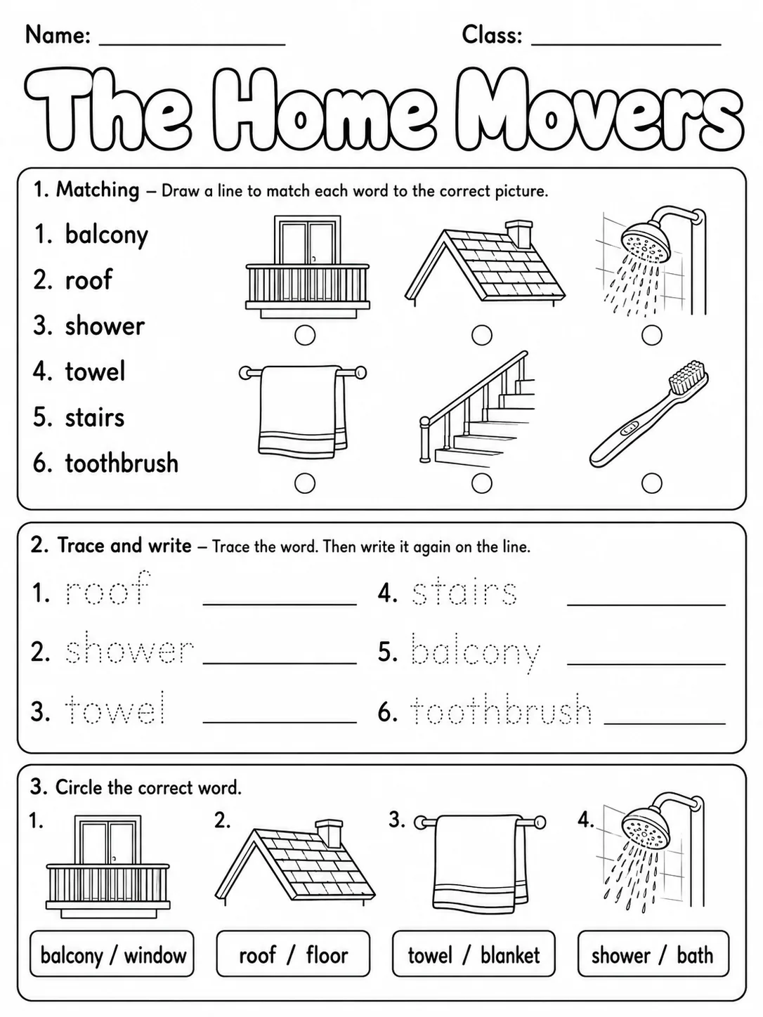 The Home Movers Vocabulary Worksheet Pack printable Movers English worksheet bundle preview from KiwiBee