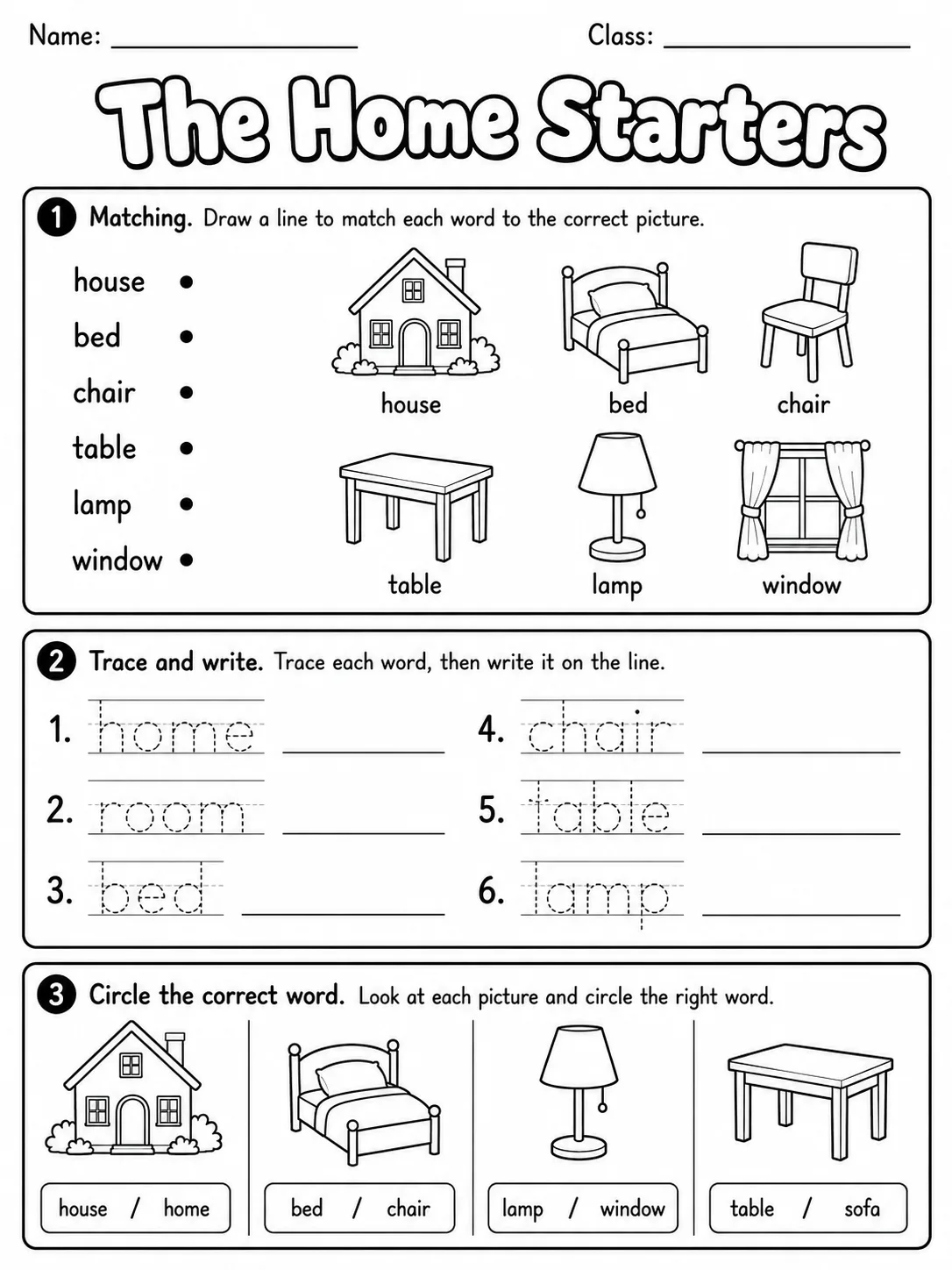 The Home Starters Vocabulary Worksheet Pack printable Starters English worksheet bundle preview from KiwiBee