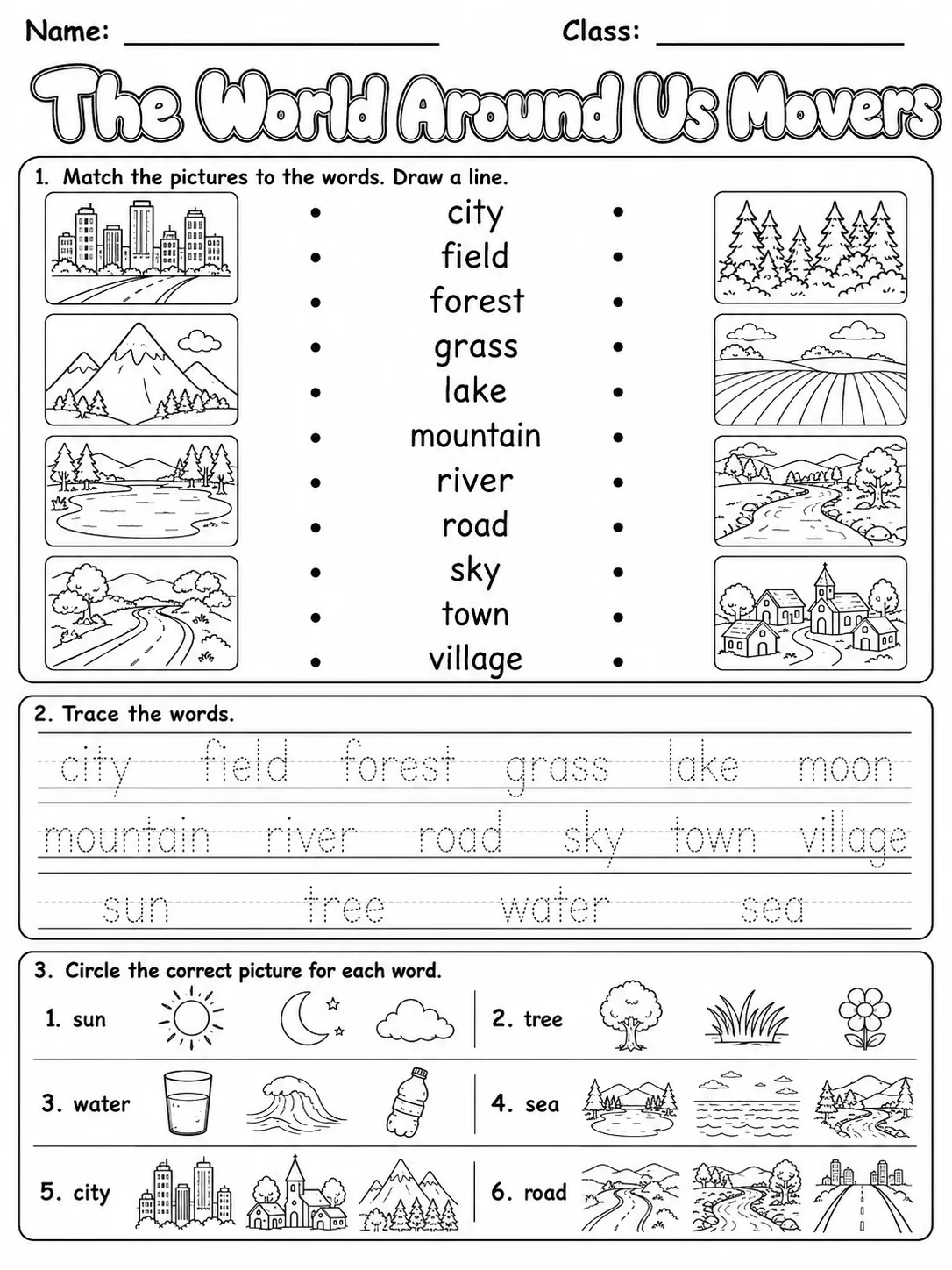 The World Around Us Movers Vocabulary Worksheet Pack printable Movers English worksheet bundle preview from KiwiBee