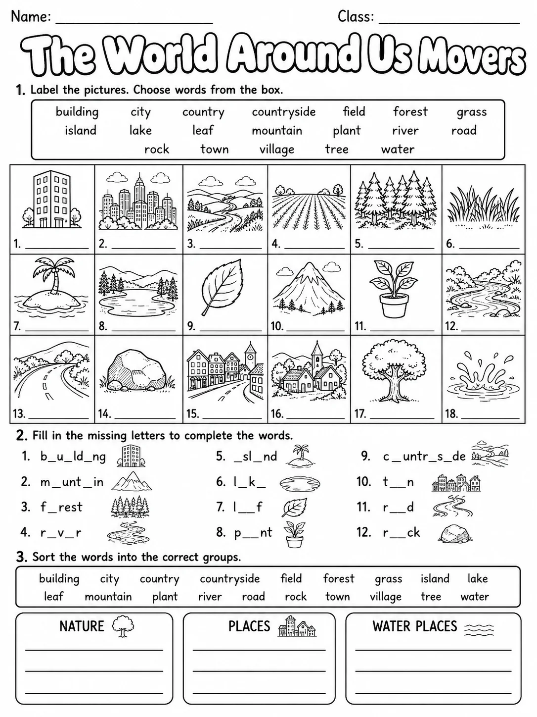 The World Around Us Movers Vocabulary Worksheet Pack page 2 printable worksheet preview