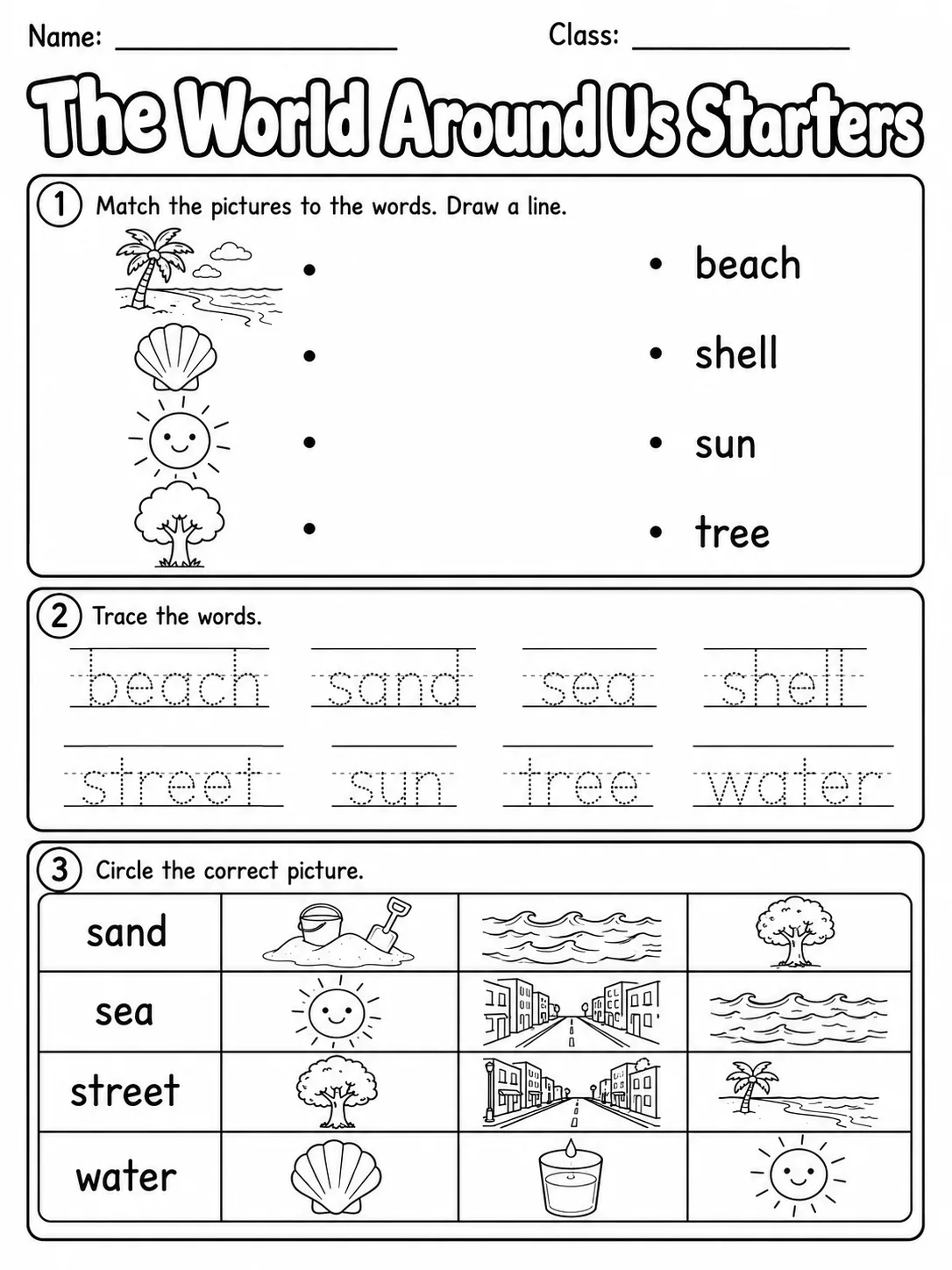 The World Around Us Starters Vocabulary Worksheet Pack printable Starters English worksheet bundle preview from KiwiBee