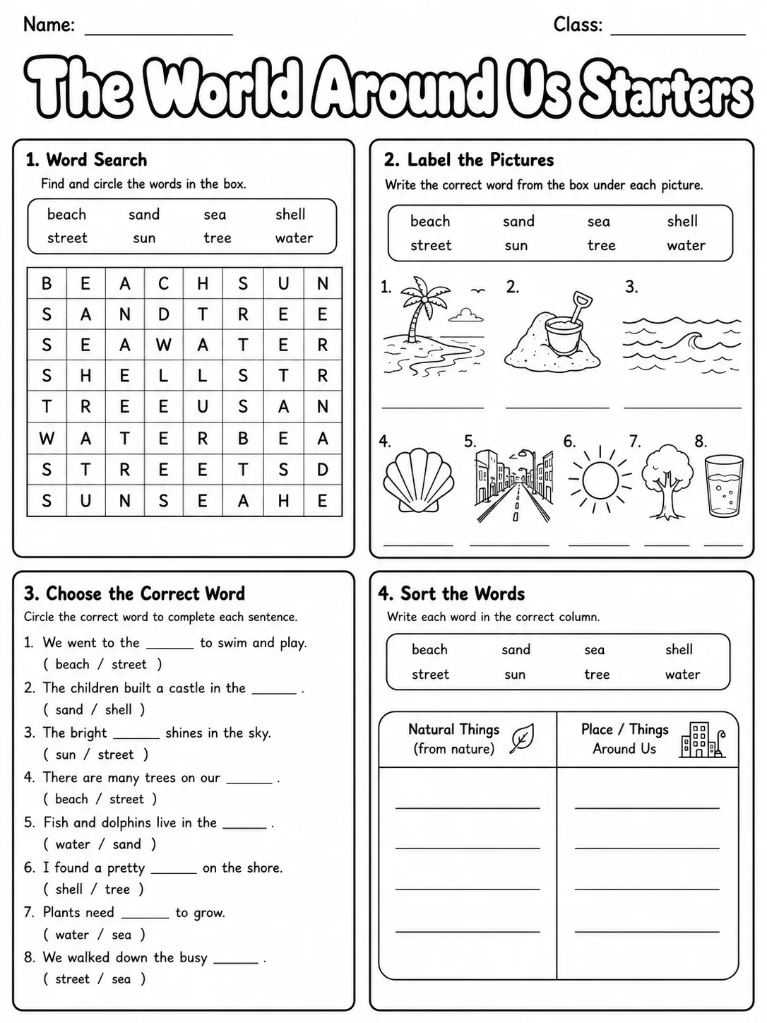 The World Around Us Starters Vocabulary Worksheet Pack page 6 printable worksheet preview