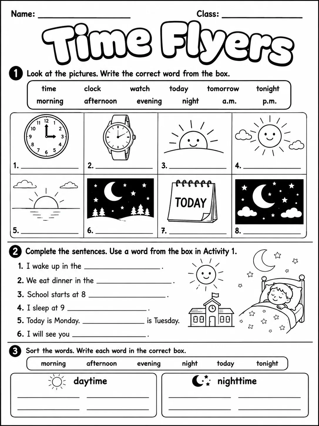 Time Flyers Vocabulary Worksheet Pack printable Flyers English worksheet bundle preview from KiwiBee