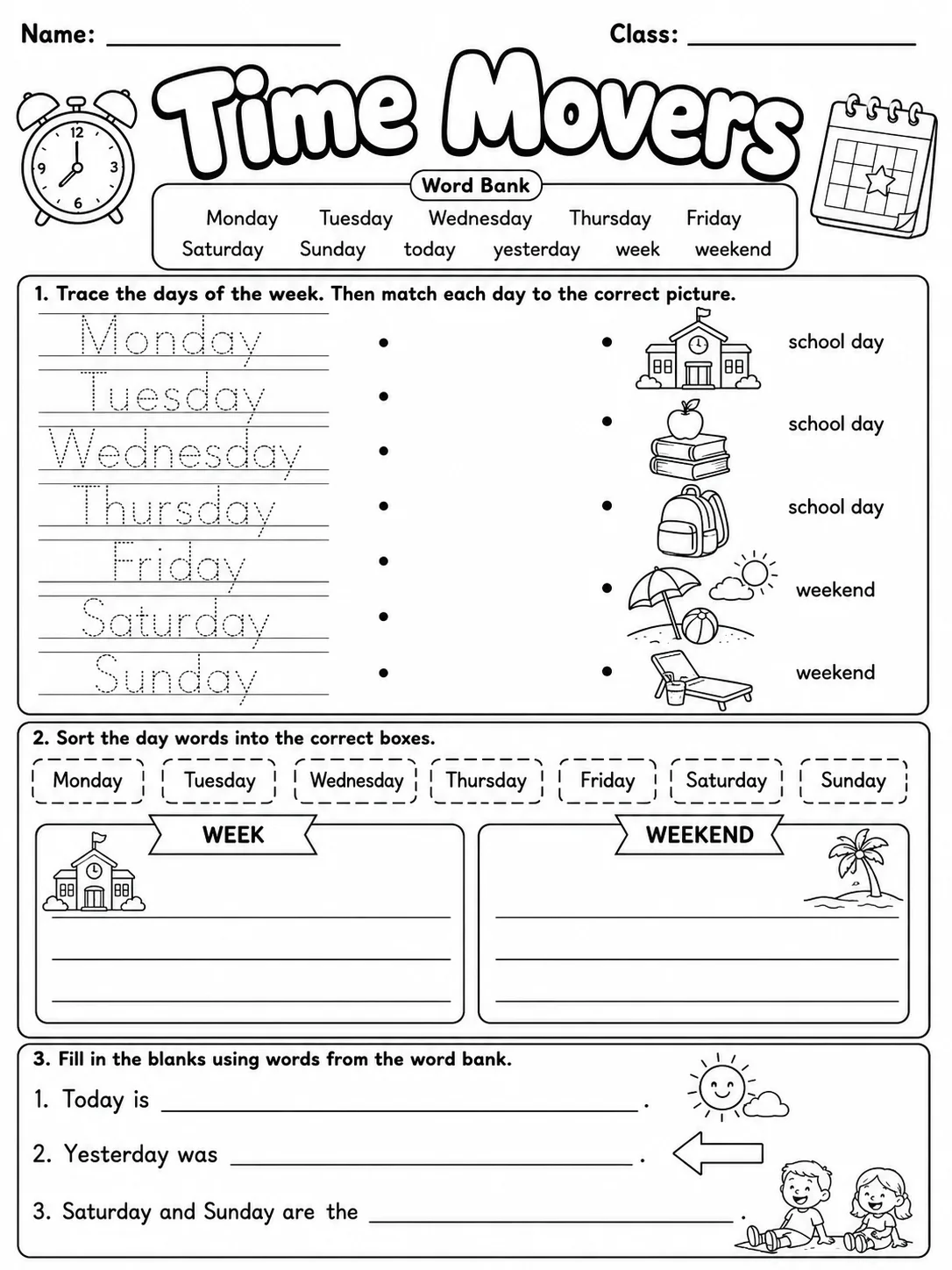 Time Movers Vocabulary Worksheet Pack printable Movers English worksheet bundle preview from KiwiBee