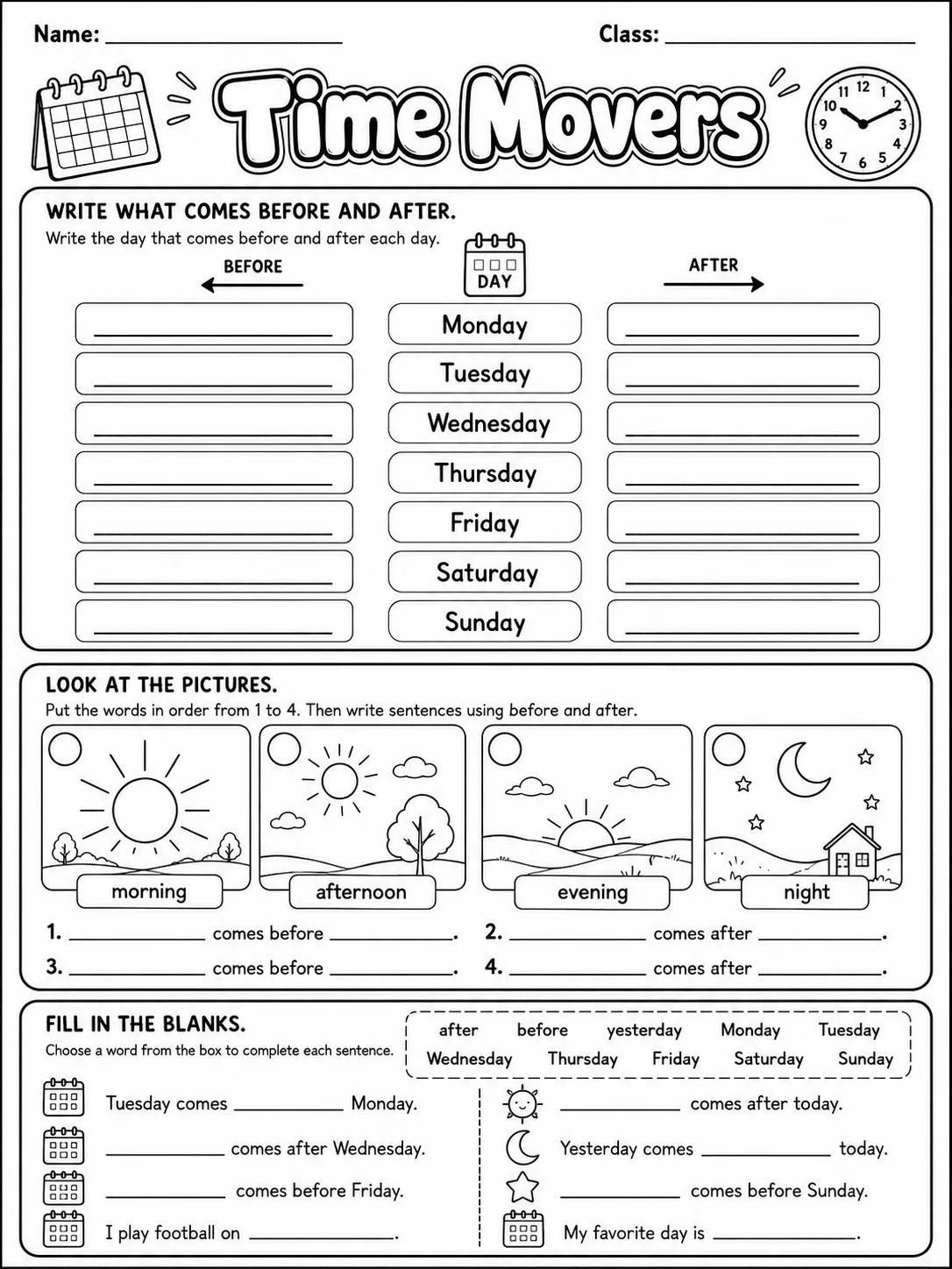 Time Movers Vocabulary Worksheet Pack page 3 printable worksheet preview