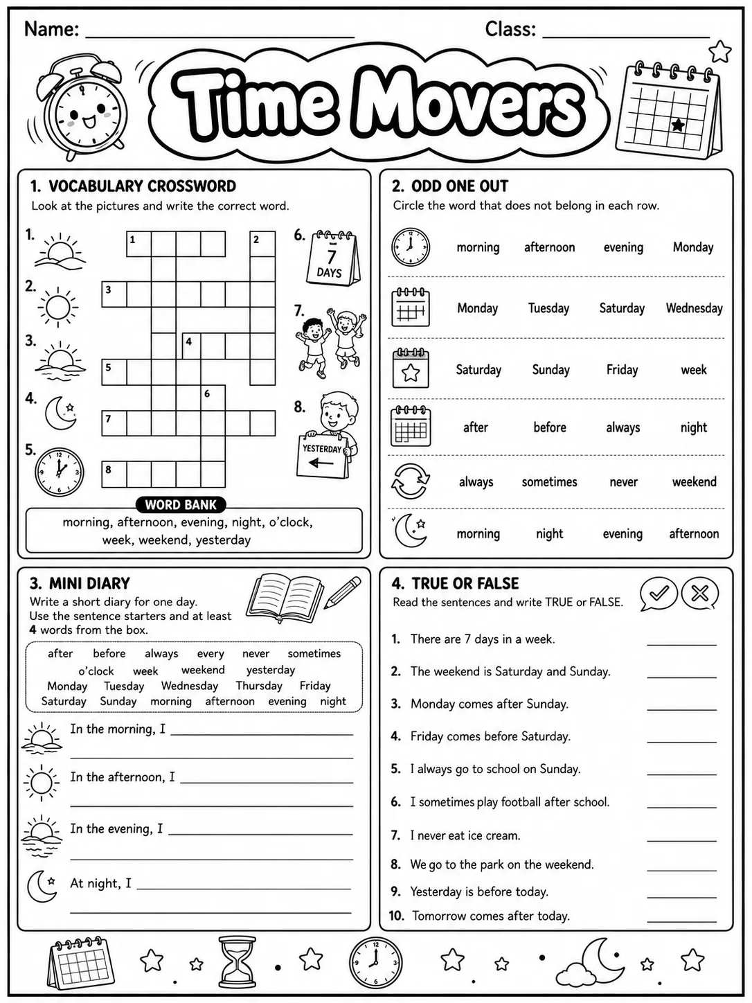 Time Movers Vocabulary Worksheet Pack page 8 printable worksheet preview