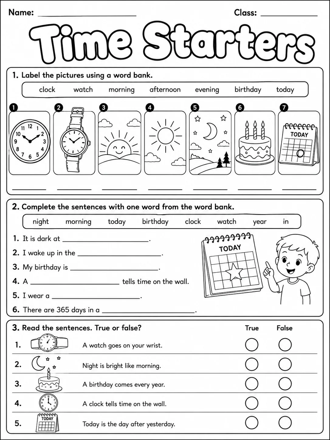 Time Starters Vocabulary Worksheet Pack page 3 printable worksheet preview