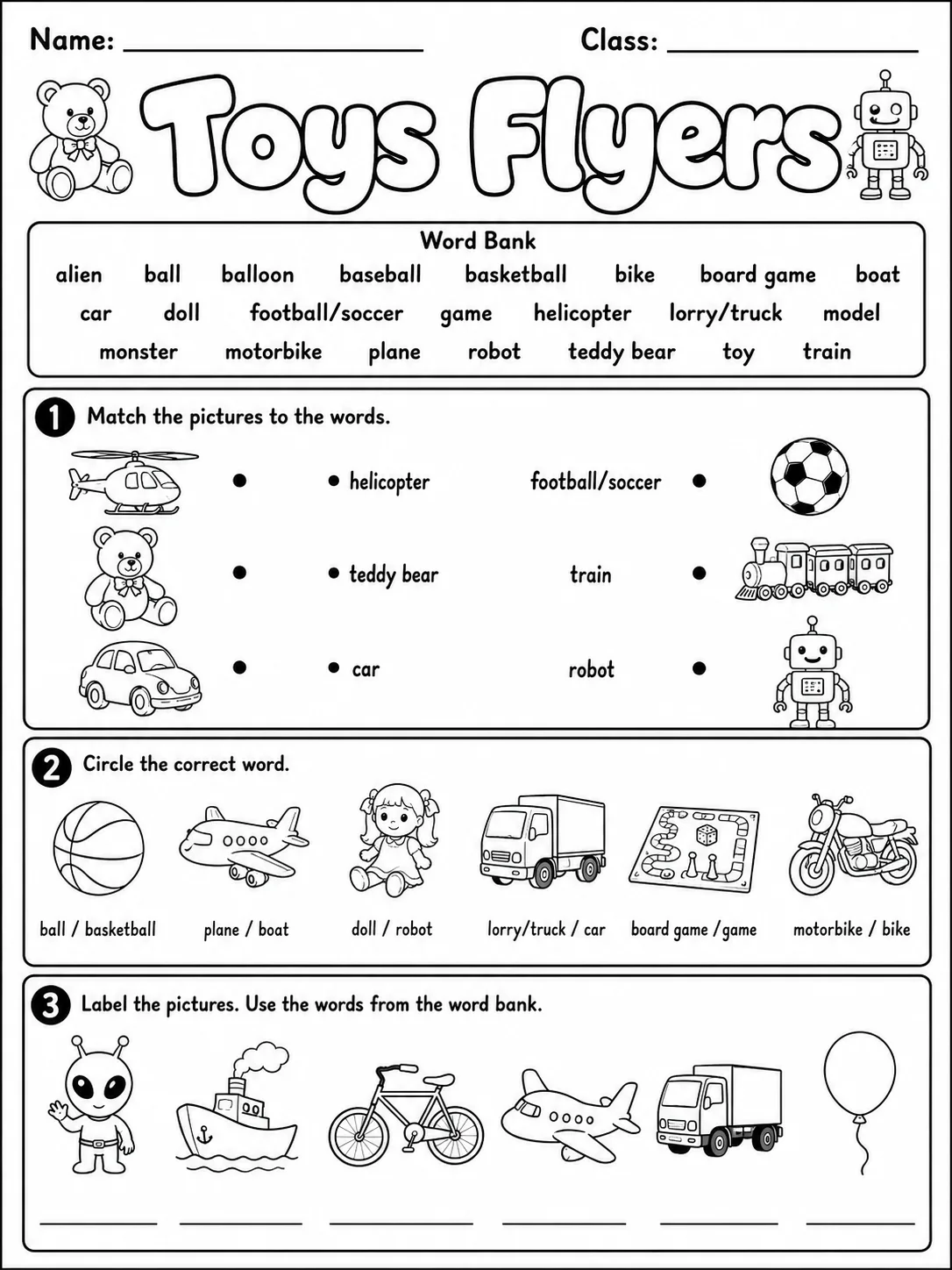 Toys Flyers Vocabulary Worksheet Pack printable Flyers English worksheet bundle preview from KiwiBee