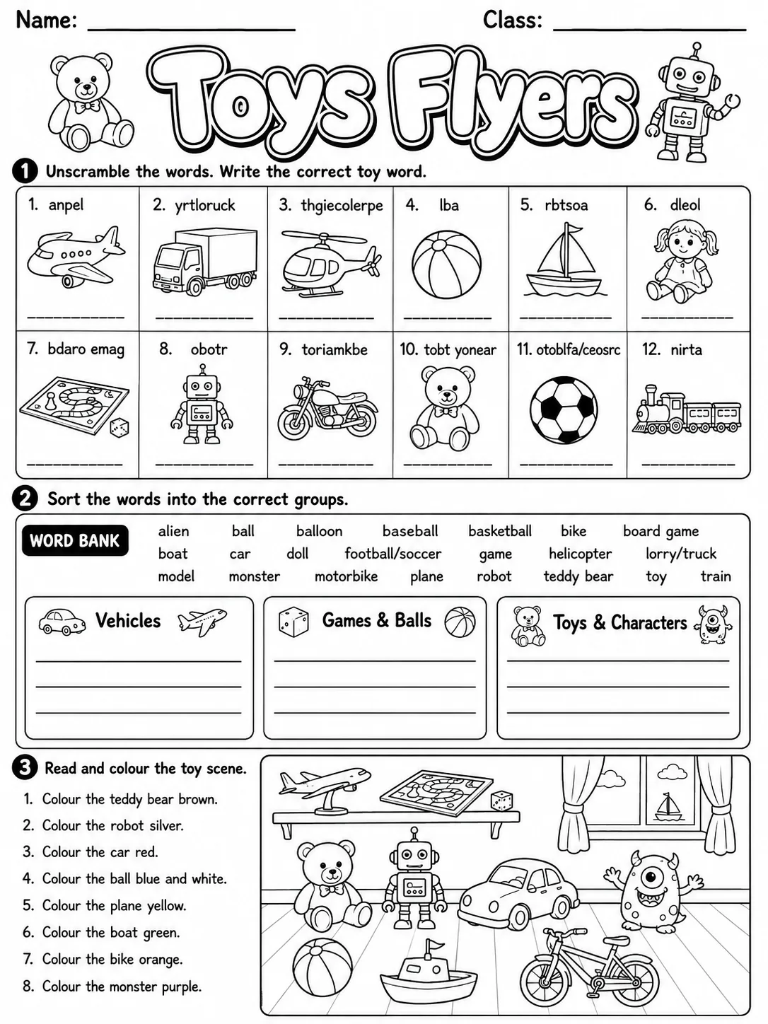 Toys Flyers Vocabulary Worksheet Pack page 2 printable worksheet preview