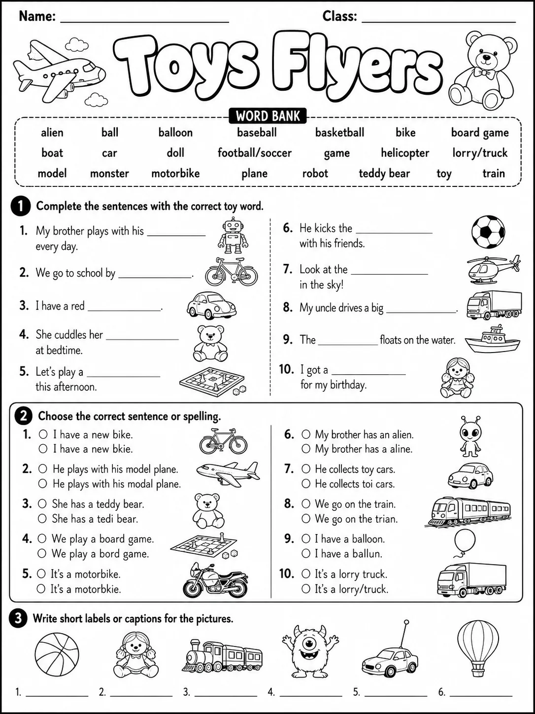 Toys Flyers Vocabulary Worksheet Pack page 3 printable worksheet preview