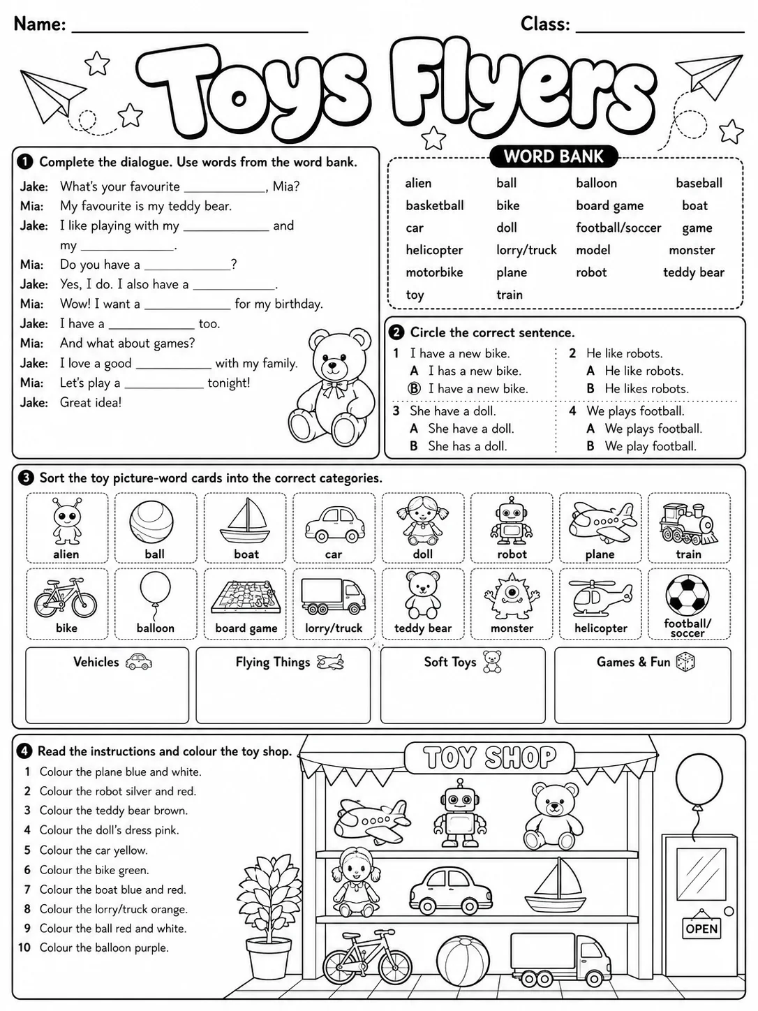 Toys Flyers Vocabulary Worksheet Pack page 7 printable worksheet preview