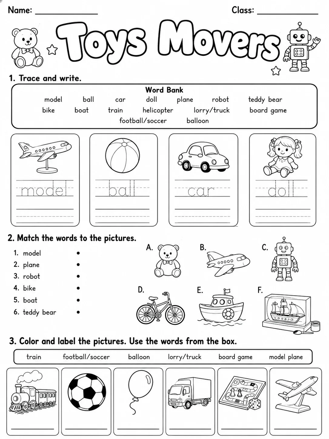 Toys Movers Vocabulary Worksheet Pack printable Movers English worksheet bundle preview from KiwiBee