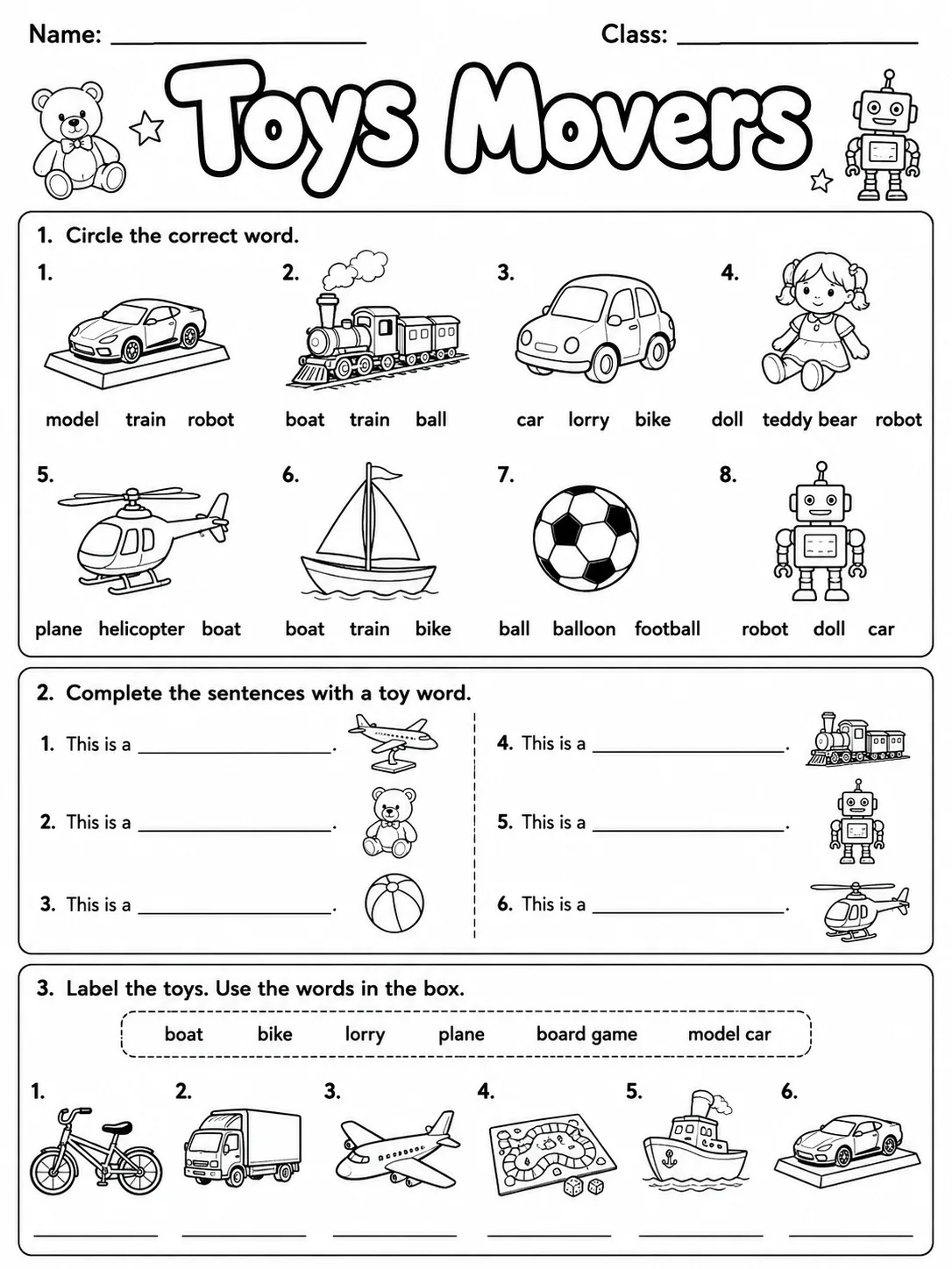Toys Movers Vocabulary Worksheet Pack page 2 printable worksheet preview