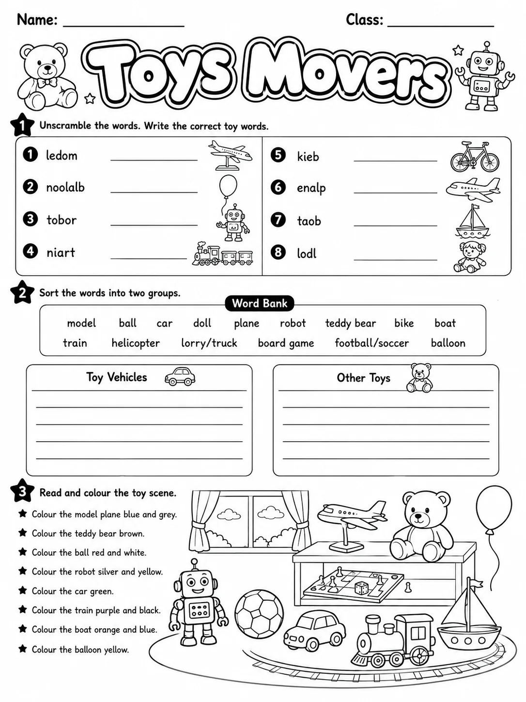 Toys Movers Vocabulary Worksheet Pack page 3 printable worksheet preview